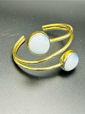 Brass Open Cuff Bracelet with White Stone Accents